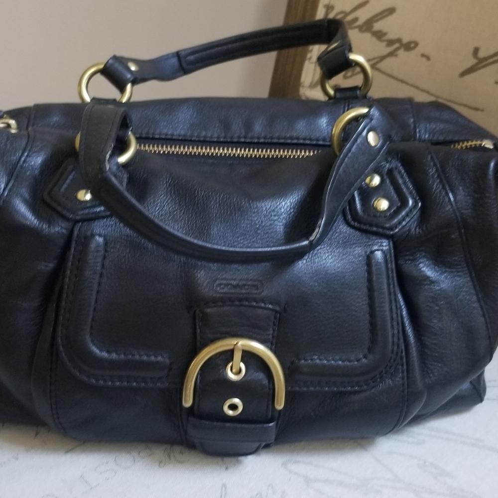 Coach Black Leather Satchel with Gold Accents